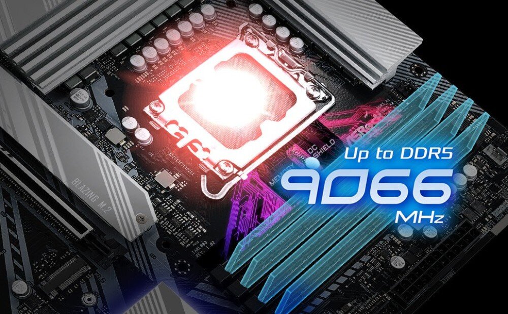 Płyta główna ASROCK Z890 Pro RS Zbliżenie na sloty pamięci RAM z napisem 'Up to DDR5 9066 MHz' i podświetlonym gniazdem CPU