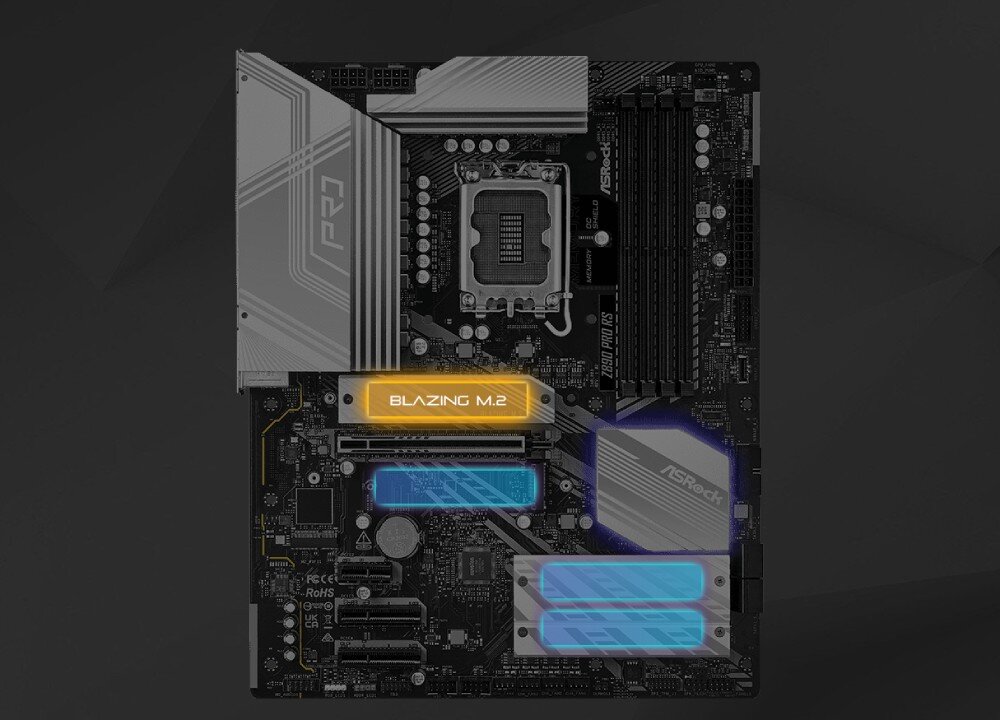 Płyta główna ASROCK Z890 Pro RS Płyta główna z graficznym wyróżnieniem rozmieszczenia złączy M.2 dla dysków SSD
