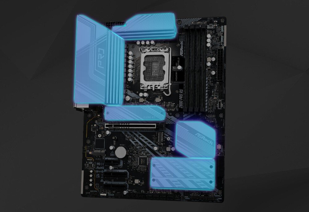 Płyta główna ASROCK Z890 Pro RS Płyta główna z graficznym wyróżnieniem na niebiesko masywnych radiatorów chłodzących