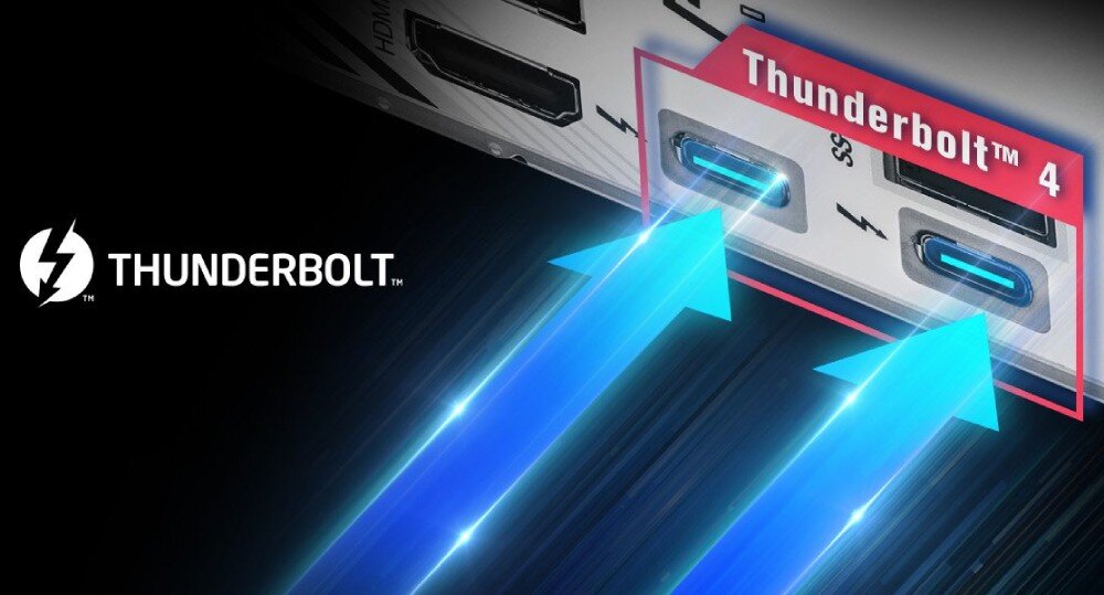 Płyta główna ASROCK Z890 Pro RS Zbliżenie na panel portów tylnych ze wskazanymi dwoma złączami typu Thunderbolt 4