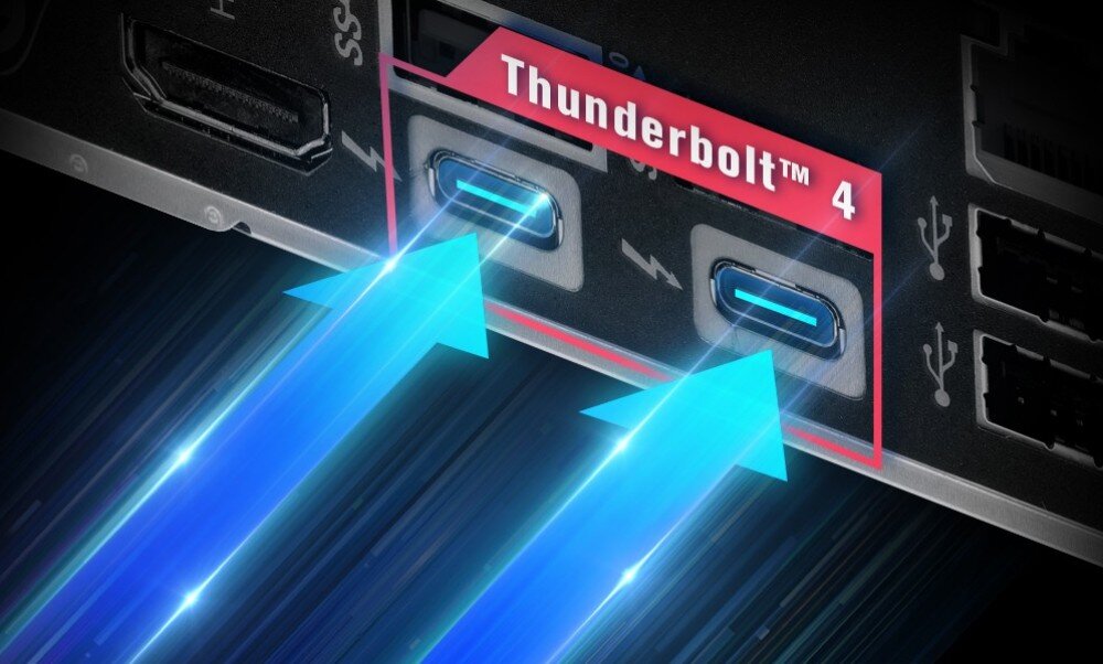 Płyta główna ASROCK Z890 Riptide WiFi Dwa porty Thunderbolt 4 typu USB-C z niebieskimi strzałkami symbolizującymi przesył danych, porty, Thunderbolt 4, przepustowość