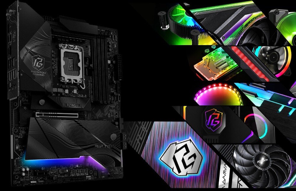 Płyta główna ASROCK Z890 Riptide WiFi Płyta główna z widocznymi slotami i podświetleniem RGB po lewej stronie, po prawej różne podzespoły komputerowe z efektami świetlnymi RGB, ułożone w formie dynamicznej mozaiki, podświetlenie, kolory, efekty, synchronizacja