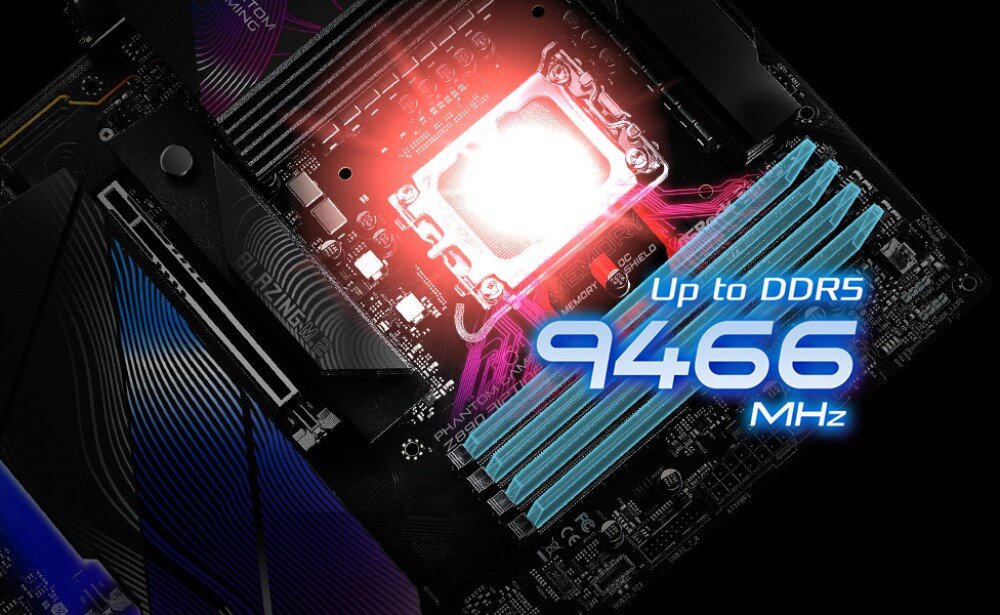 Płyta główna ASROCK Z890 Riptide WiFi Ilustracja płyty głównej z podświetlonymi na niebiesko slotami RAM oraz napisem 'Up to DDR5 9466 MHz', pamięć DDR5, profile XMP i EXPO, taktowanie, sloty DIMM
