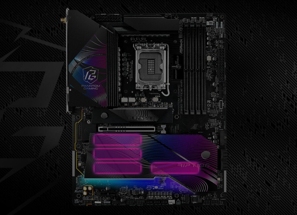 Płyta główna ASROCK Z890 Riptide WiFi Płyta główna z zaznaczonymi na różowo trzema slotami M.2 i podświetleniem RGB w dolnej części, dyski SSD, gniazda M.2