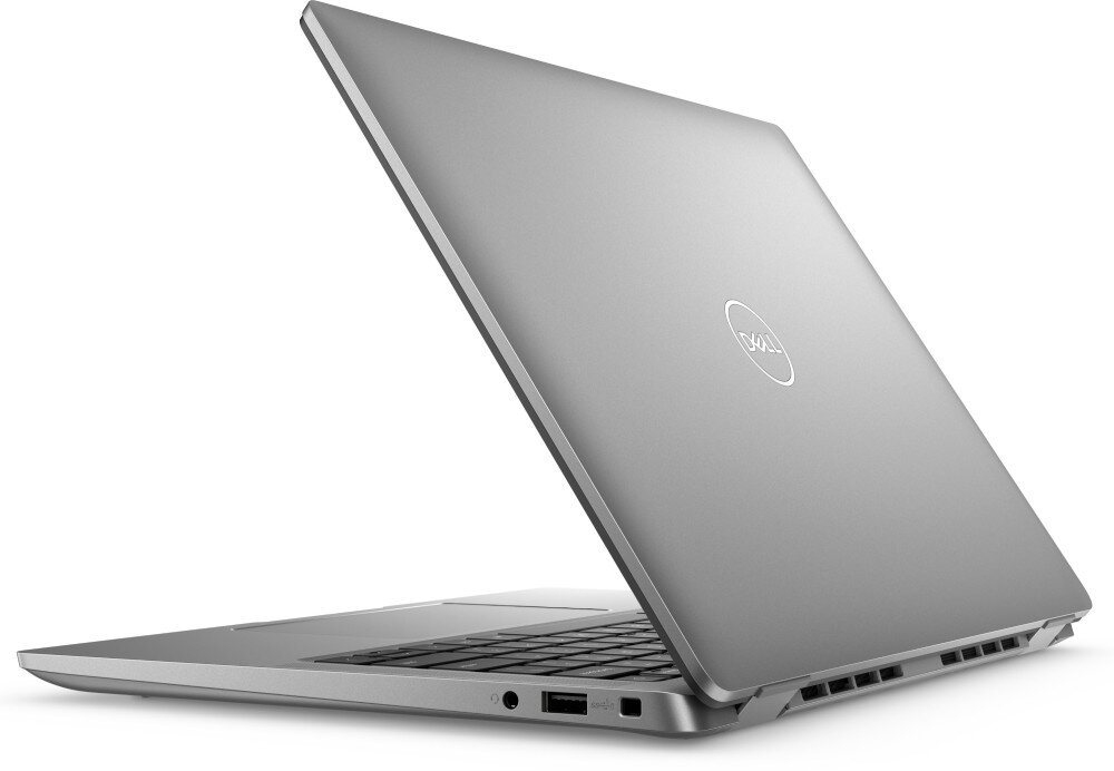 Laptop DELL Latitude 7340 Widok z tyłu na lekko uchylony laptop stojący na blacie; widać logo producenta oraz porty z lewej strony urządzenia, porty, gniazda