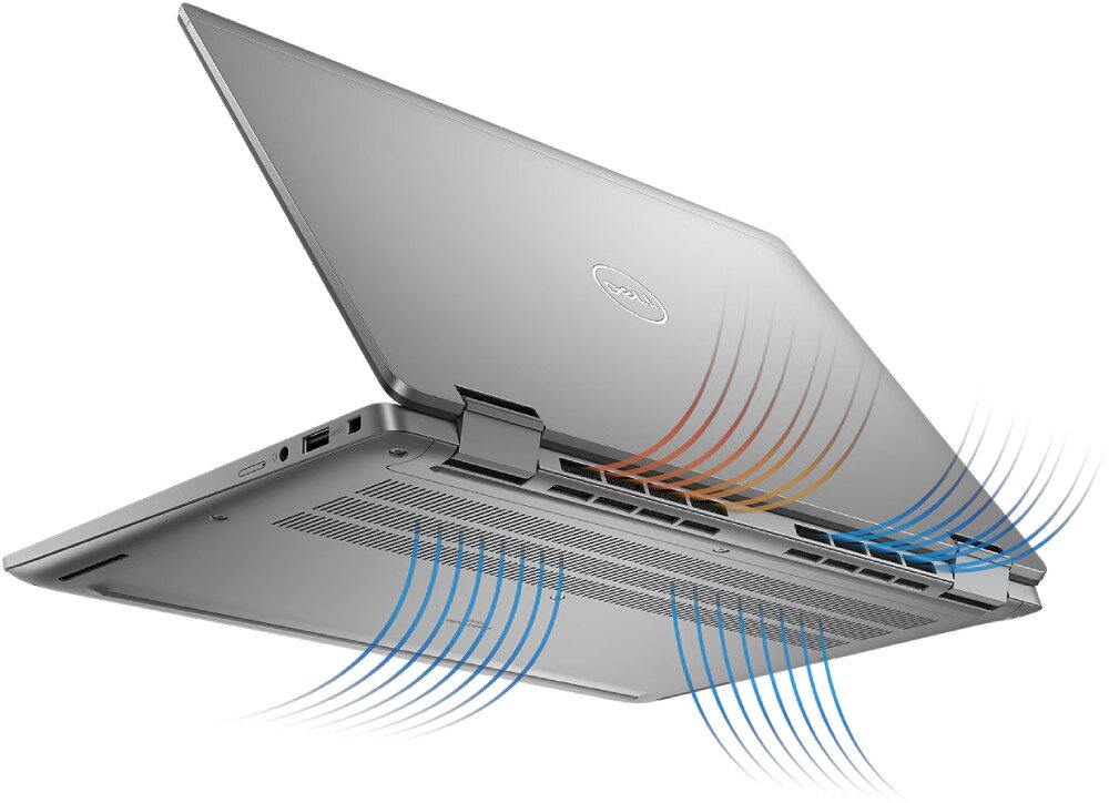 Laptop DELL Latitude 7340 Laptop z widocznymi kolorowymi strumieniami powietrza przedstawiającymi działanie systemu chłodzenia od spodu urządzenia, podzespoły, procesor, dysk, pamięć