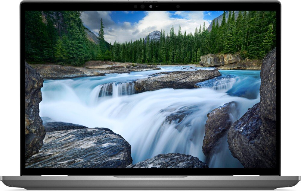 Laptop DELL Latitude 7340 Widok laptopa z przodu z włączonym ekranem, na którym widać krajobraz z rzeką i lasem, ekran, proporcje, matryca, odświeżanie