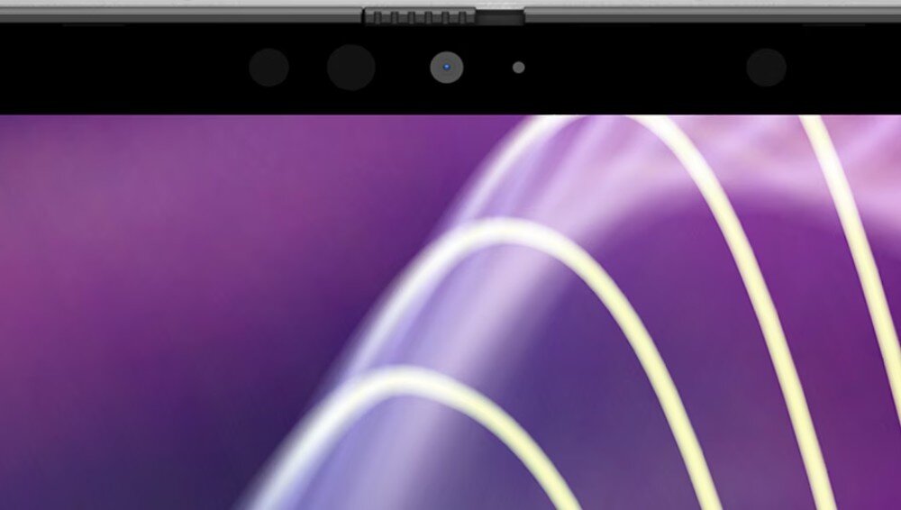 Laptop DELL Latitude 7340 Zbliżenie na górną ramkę ekranu laptopa z widoczną kamerą internetową i zaślepką prywatności, kamera, głośniki, mikrofon, zaślepka