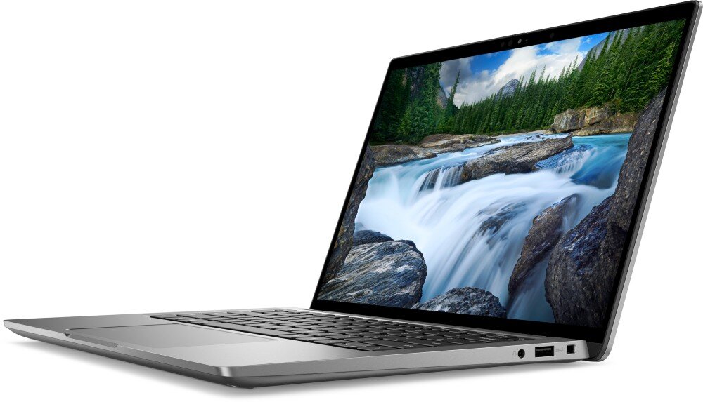 Laptop DELL Latitude 7340 Widok laptopa z lekkiego kąta z prawej strony; ekran wyświetla krajobraz, widoczne porty po prawej stronie obudowy, łączność, Wi-Fi 6E, Bluetooth 5.3, porty Thunderbolt 4