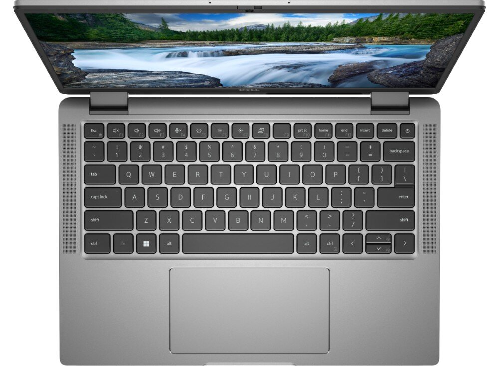 Laptop DELL Latitude 7340 Widok z góry na otwarty laptop z klawiaturą i ekranem wyświetlającym krajobraz z wodospadem, touchpad, klawiatura, podświetlenie, bateria