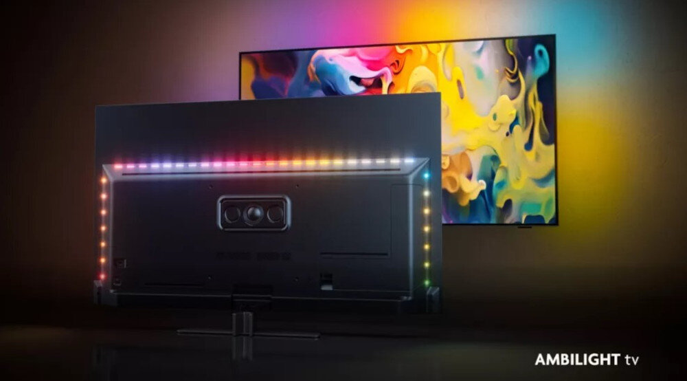 Telewizor PHILIPS 43PUS8919 - Poczuj magię ambilight, telewizor powieszony na ścianie , telewizor pokazany od tyłu z technologią ambilight