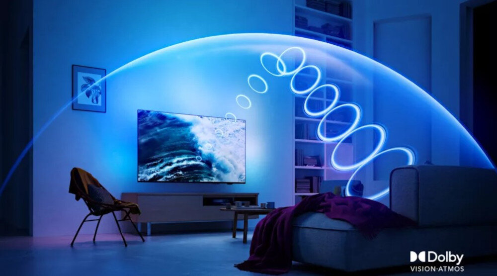 Telewizor PHILIPS 43PUS8919 - Dolby Vision i Dolby Atmosm telewizor zawieszony na ścianie w salonie, bańka dźwiekowa pokazująca rozpraszanie się dźwieku