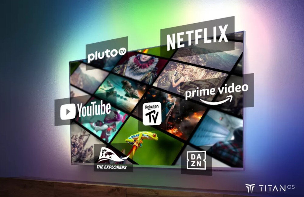 Telewizor PHILIPS 43PUS8919 - TITAN OS, telewizor zawieszony na ścianie , logo różnych platform dostępnym w systemie titan OS
