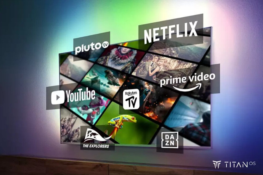 Telewizor PHILIPS 50PUS8319 TITAN OS aplikacje streamingowe menu, telewizor wiszacy na ścianie z kafelkami platform streamingowych