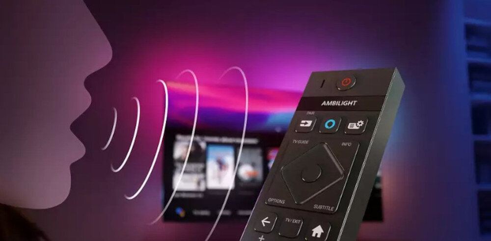 Telewizor PHILIPS 50PUS8319 sterowanie głosem Alexa Google Assistant, wizualizacja osoby mówiącej do pilota