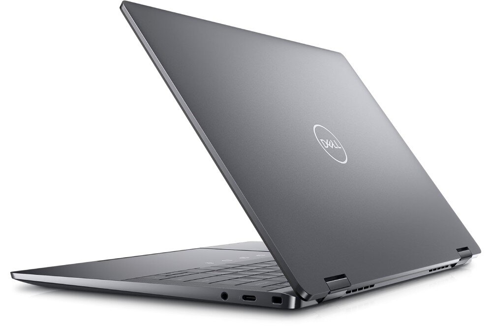 Laptop DELL Latitude 9450 Tył zamkniętego laptopa w kolorze grafitowym z widocznym logo producenta i portami z boku obudowy, wytrzymałość testy