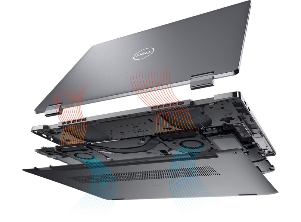 Laptop DELL Latitude 9450 Ilustracja przedstawiająca rozłożony na części laptop, z widocznym przepływem powietrza – ciepłe powietrze unosi się do góry, a chłodne jest zasysane od dołu, procesor, pamięć, dysk, wydajność