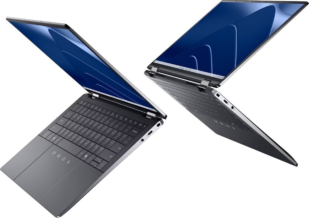 Laptop DELL Latitude 9450 Dwa laptopy widziane z góry i z boku, częściowo otwarte, ukazujące konstrukcję obudowy i zawiasów, łączność, Wi-Fi, Bluetooth, porty