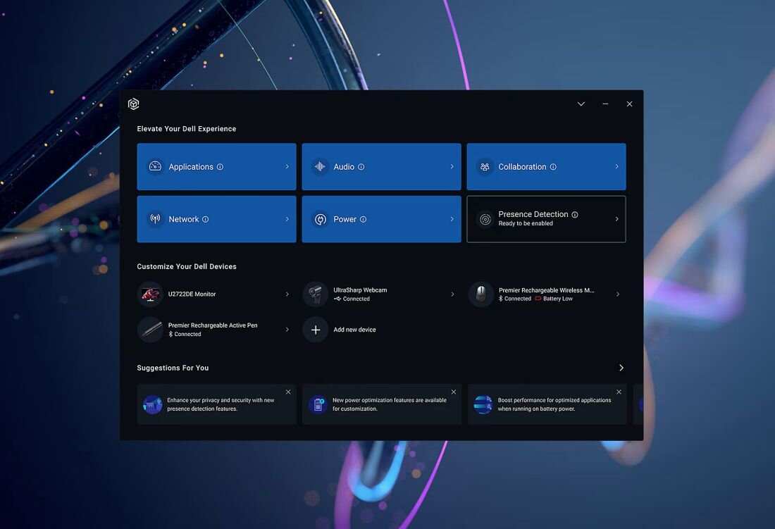 Ekran ustawień aplikacji Dell Optimizer - Dell Optimizer