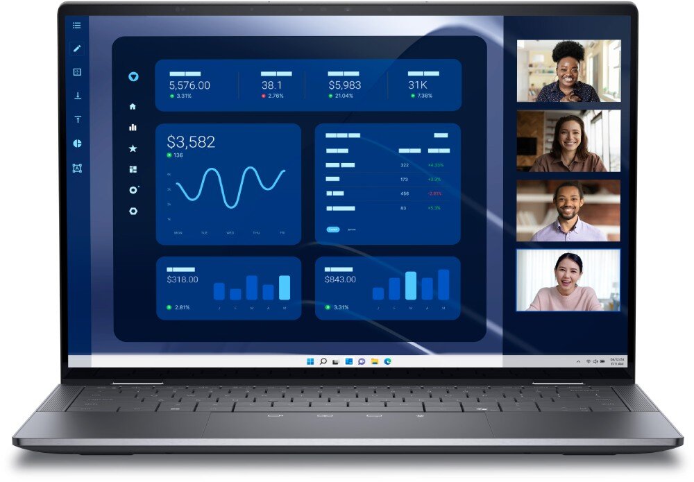 Laptop DELL Latitude 9450 Widok frontowy laptopa z wyświetlaczem pokazującym pulpit z danymi i czterema uczestnikami rozmowy wideo po prawej stronie ekranu, ekran, przekątna, obraz, jasność