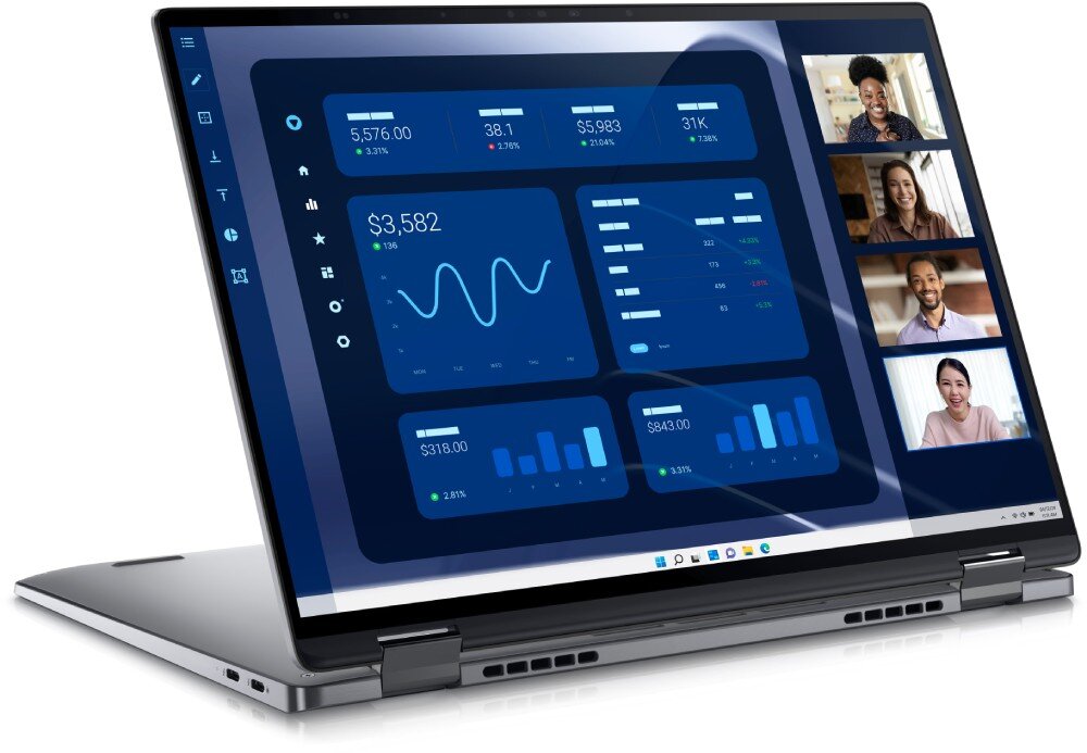 Laptop DELL Latitude 9450 Laptop w trybie podstawki z ekranem dotykowym, prezentującym wykresy i rozmowę wideo, ustawiony na blacie, energia, podświetlenie, ładowanie