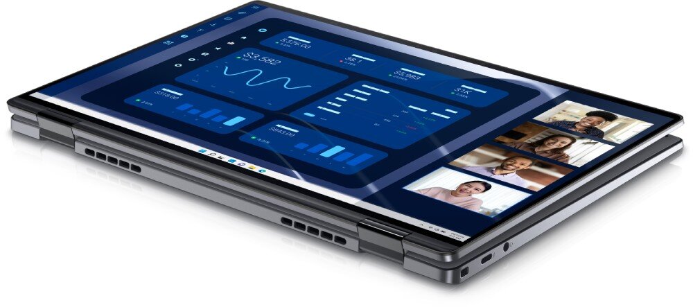 Laptop DELL Latitude 9450 Laptop całkowicie rozłożony na płasko w trybie tabletu, ekran wyświetla dane analityczne i wideokonferencję, zabezpieczenia, czytnik linii papilarnych, TPM