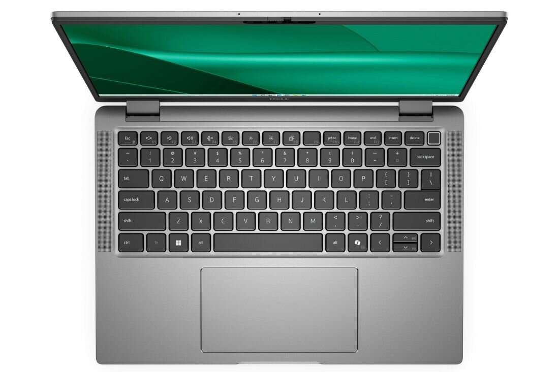 Otwarty laptop DELL Latitude 7350 z podświetlaną klawiaturą i zielonym ekranem. - podświetlana klawiatura