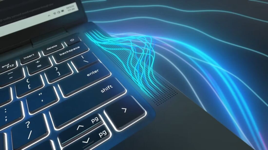 DELL Latitude 7350 z niebieskim podświetleniem, prezentujący profesjonalne możliwości audio. - Funkcja Intelligent Audio
