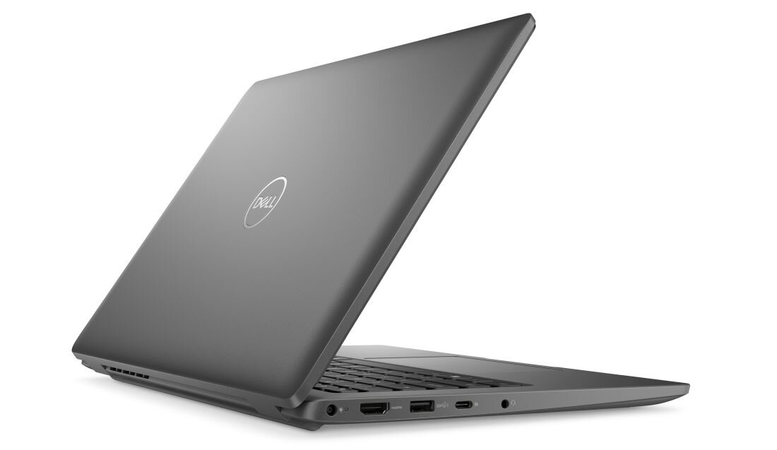 Tył otwartego laptopa DELL Latitude w kolorze grafitowym z widocznymi portami HDMI, USB-C i Ethernet, ustawionego pod kątem na białym tle. - Optymalizacja sieci i Wi-Fi 6
