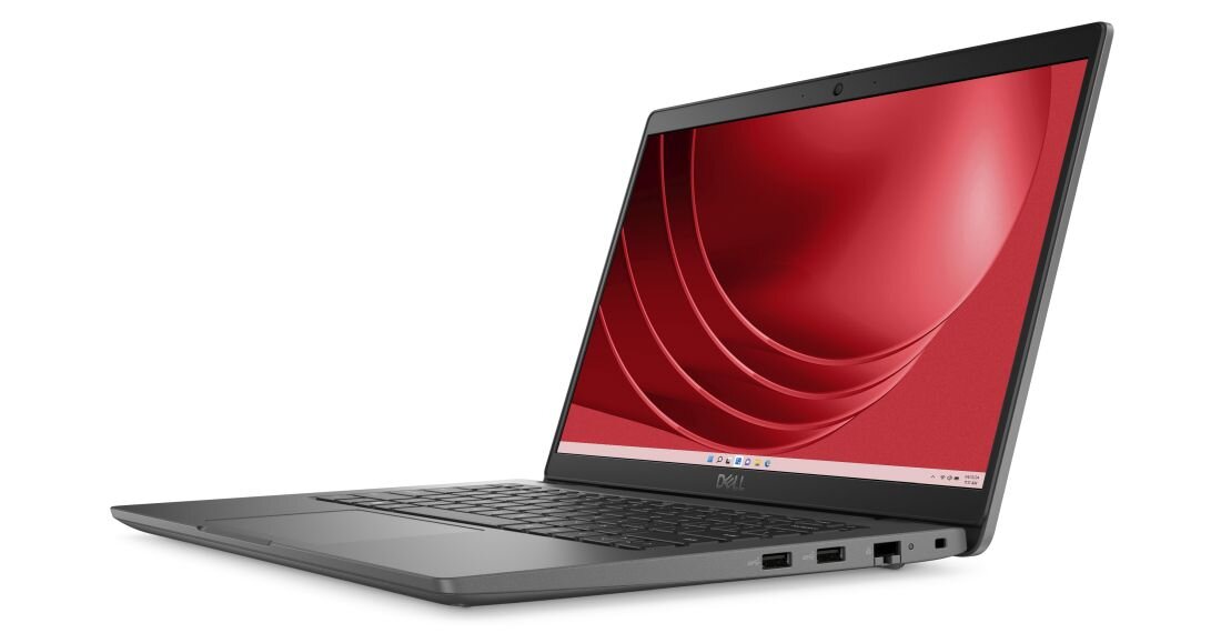 Laptop DELL Latitude 15 z czerwonym motywem Windows 11 ustawiony pod kątem, prezentujący pełnowymiarową klawiaturę i porty USB oraz HDMI na boku. - Intelligent Audio Dynamic Volume Funkcje AI