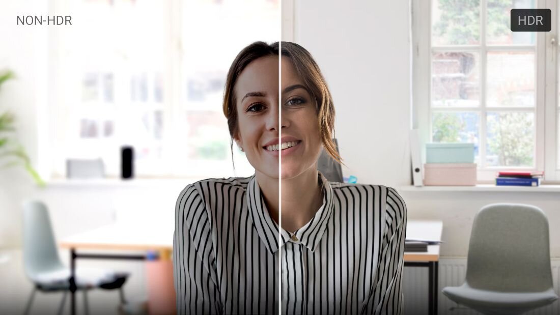 Porównanie jakości obrazu HDR i non-HDR na wideoczacie, z podziałem ekranu pokazującym jaśniejszą, bardziej szczegółową twarz po stronie HDR.  - Zaawansowana łączność Wi-Fi 6E, Bluetooth 5.3  