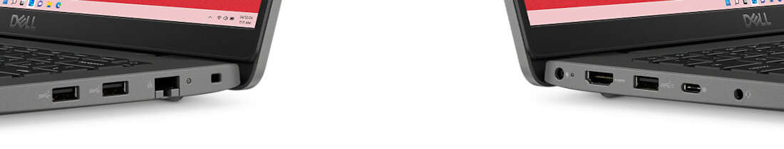 Zbliżenie na oba boki laptopa DELL Latitude prezentujące porty HDMI, USB-C, USB-A, Ethernet i gniazdo audio, podkreślające różnorodne opcje łączności. - porty HDMI, USB-C, USB-A, Ethernet i gniazdo audio  