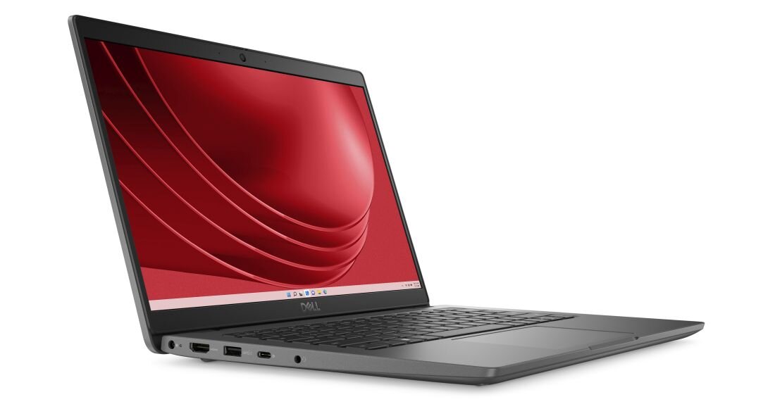 Laptop DELL Latitude 15 z czerwonym motywem systemu Windows 11 widoczny z lewej strony, prezentujący smukłe ramki ekranu i porty USB oraz HDMI. - Klucz sprzętowy Copilot Funkcje sztucznej inteligencji 