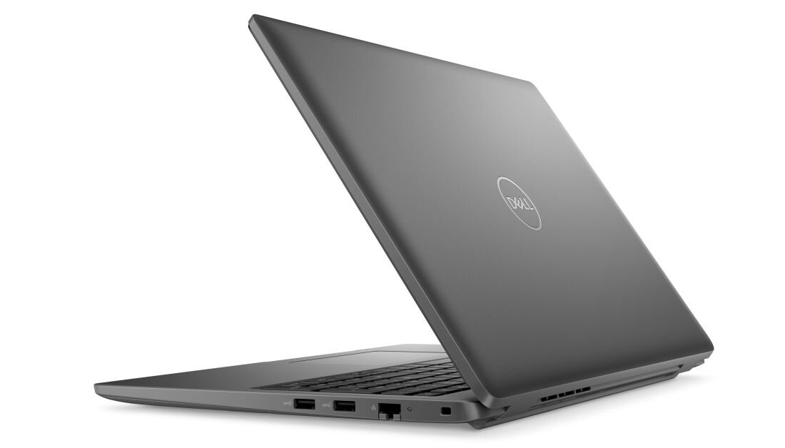 Srebrny laptop Dell Latitude częściowo otwarty pod kątem, z logo Dell na pokrywie i bocznymi portami USB oraz RJ-45 wskazującymi na możliwości zabezpieczeń sprzętowych. - Wielowarstwowe zabezpieczenia DELL Safe ID