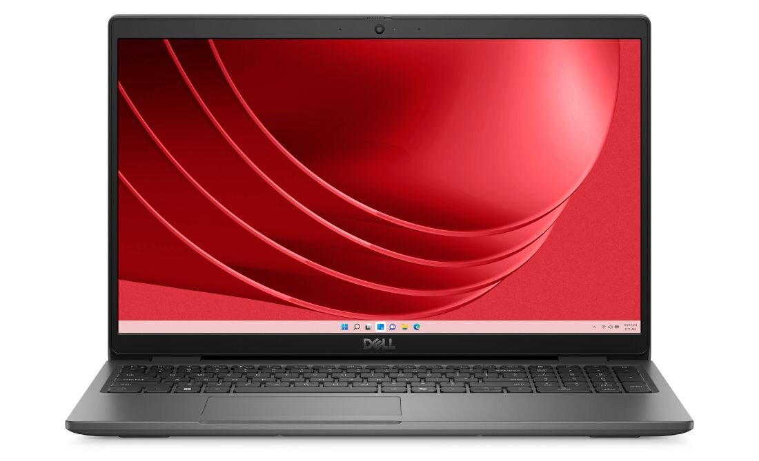 Przedni widok laptopa Dell Latitude z wąskimi ramkami i czerwonym pulpitem Windows 11, podkreślający pełnowymiarową klawiaturę. - 4-komorową bateria 54 Wh Technologia ExpressCharge