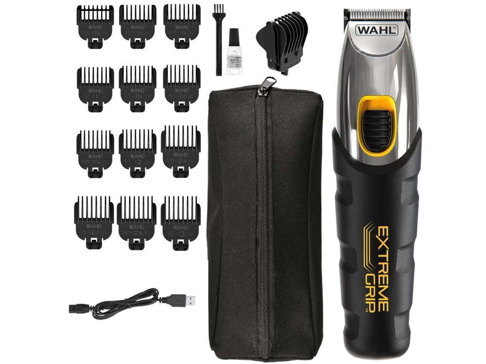 Trymer WAHL Extreme Grip Beard 9893-0440 pełen zestaw akcesorii na białym tle, bogaty zestaw, gotowe od razu do użytku