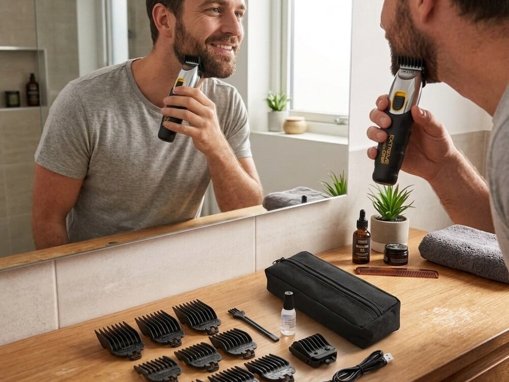 Trymer WAHL Extreme Grip Beard 9893-0440 urządzenie w użyciu z pełym zestawem akcesorii, szeroki wybór, zmiana wyglądu