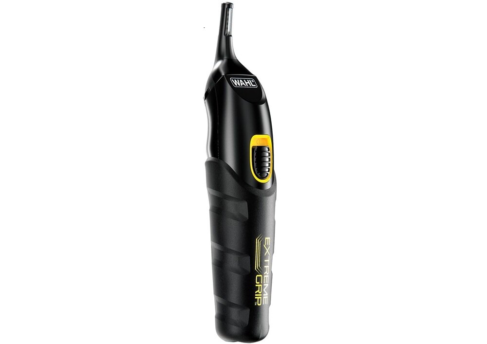 Czarny trymer z logo \'WAHL\' na górze i żółtym przyciskiem. Na obudowie widoczny napis \'EXTREME GRIP\'.