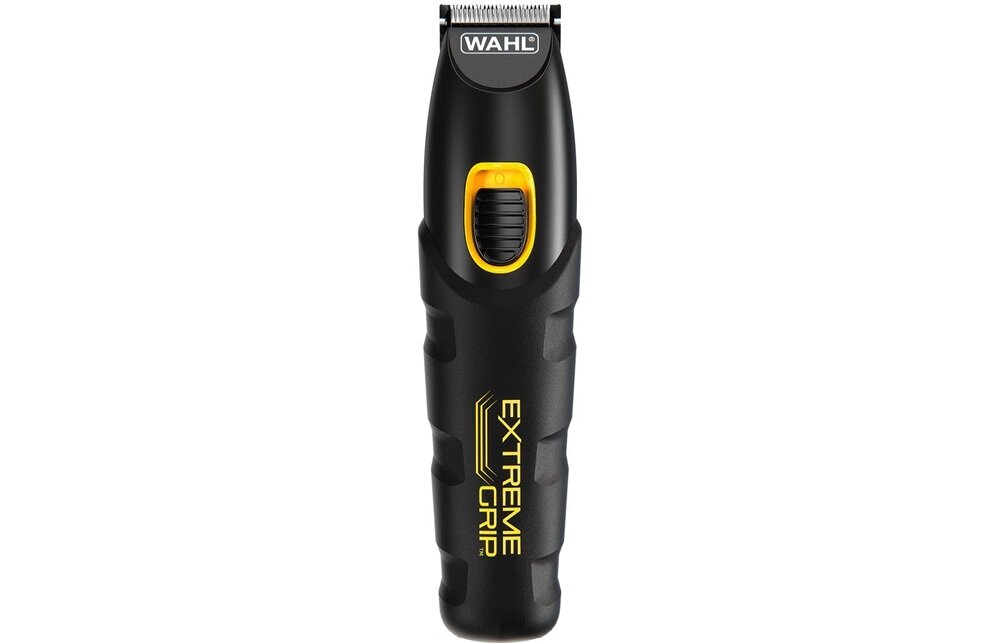 Czarny trymer z żółtym przyciskiem i napisem \'EXTREME GRIP\' na obudowie. Na górze widoczne jest logo \'WAHL\'.