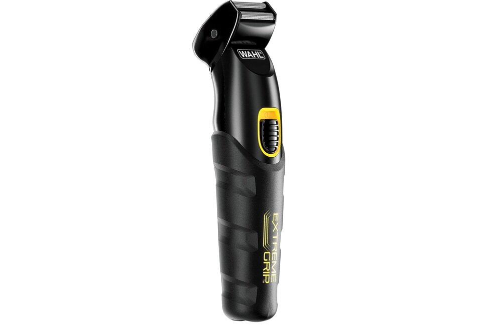 Czarny trymer z ergonomicznym uchwytem, na którym widnieje napis \'EXTREME GRIP\'. Na górze urządzenia znajduje się logo \'WAHL\'.