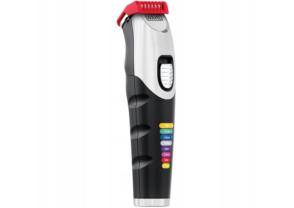 Trymer WAHL Color Trim Beard 9893-0443 urządzenie lekko bokiem na białym tle, niewielka konstrukcja, zadbany wygląd