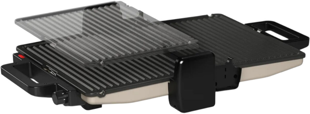 Grill elektryczny BOSCH TCG3302, płyty ceramiczne, trwałość, łatwe czyszczenie, grill bez tłuszczu, Grill BOSCH TCG3302 rozłożony na płasko, obie duże płyty grillowe widoczne, pokazana konstrukcja urządzenia