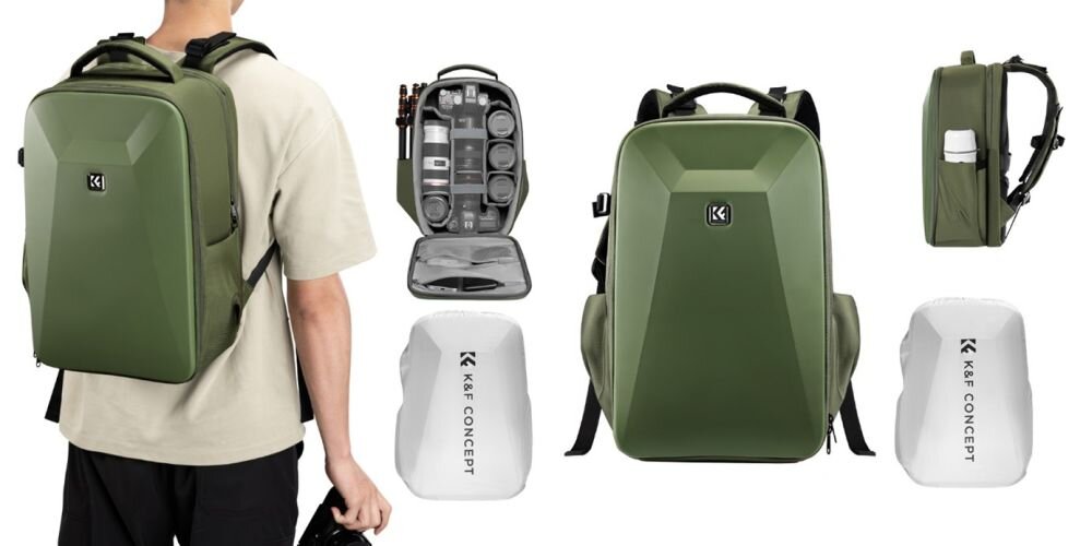 Po lewej stronie K&F Concept Nature Wander 22 l – zielony na plecach młodego mężczyzny. Po prawo plecak w różnych konfiguracjach