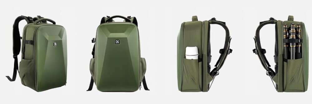 4 ujęcia plecaka K&F Concept Nature Wander 22 l, między innymi z bidonem w bocznej kieszeni i z przytwierdzonym z boku statywem