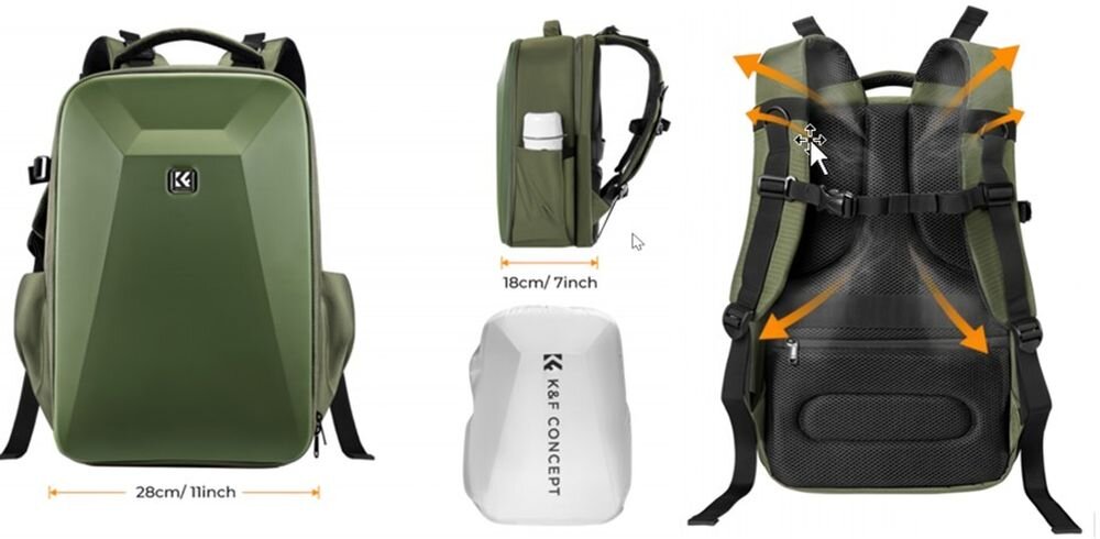 Grafika z wymiarami plecaka K&F Concept Nature Wander 22 l, plecak w pokrowcu oraz system odprowadzania wilgoci z pleców