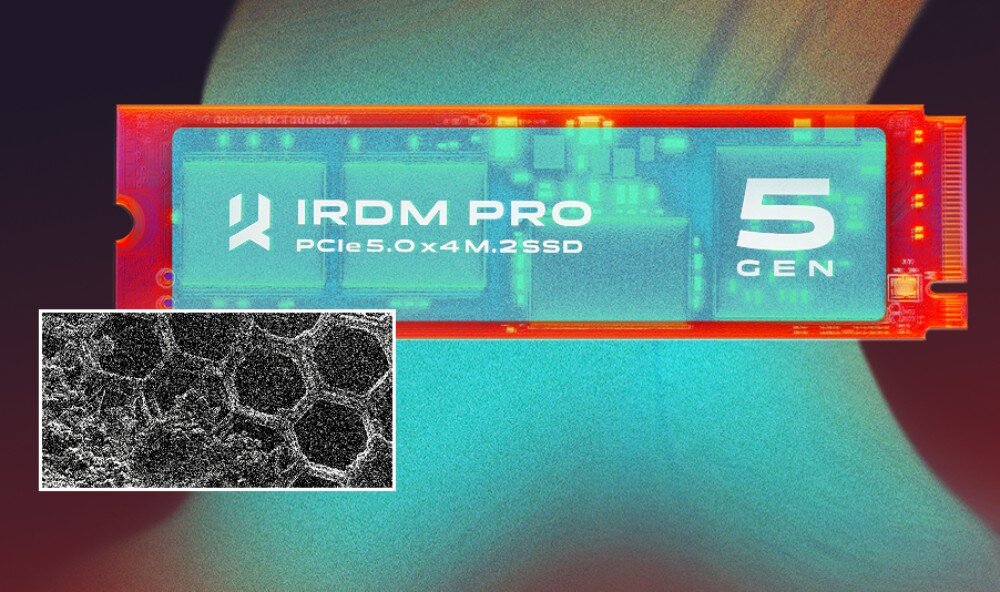 Dysk GOODRAM IRDM PRO Gen5 2TB SSD Termograficzne przedstawienie wnętrza dysku SSD M.2 z podświetlonymi komponentami i nałożonym prostokątnym wstawieniem obrazu w mikroskali, powłoka grafenowa, chłodzenie, radiator