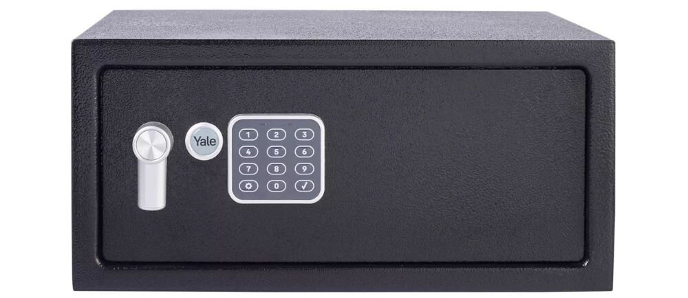 Sejf YALE YLV 200 DB2, kod pin, sejf, intuicja, blokada, Sejf stoi pionowo frotnem na wprost na białym tle
