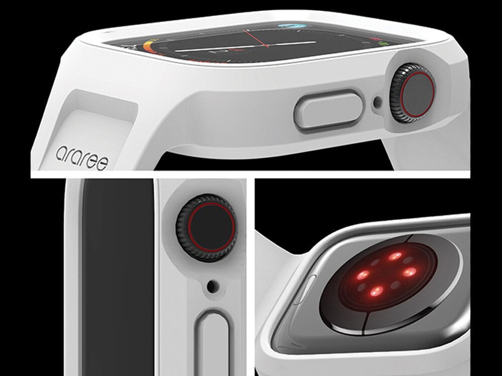 Etui ARAREE Duple Pro do Apple Watch 4/5/6/7/8/9/SE/SE 2 (40/41mm) Szary Przedstawienie otworów paska smukłość grubość design komfort ciemne tło współgra ze smartwatchem smukły profil pełna funkcjonalność komfort noszenia przez cały dzień Szybki, beznarzędziowy montaż dla miłośników wygody i stylowego designu