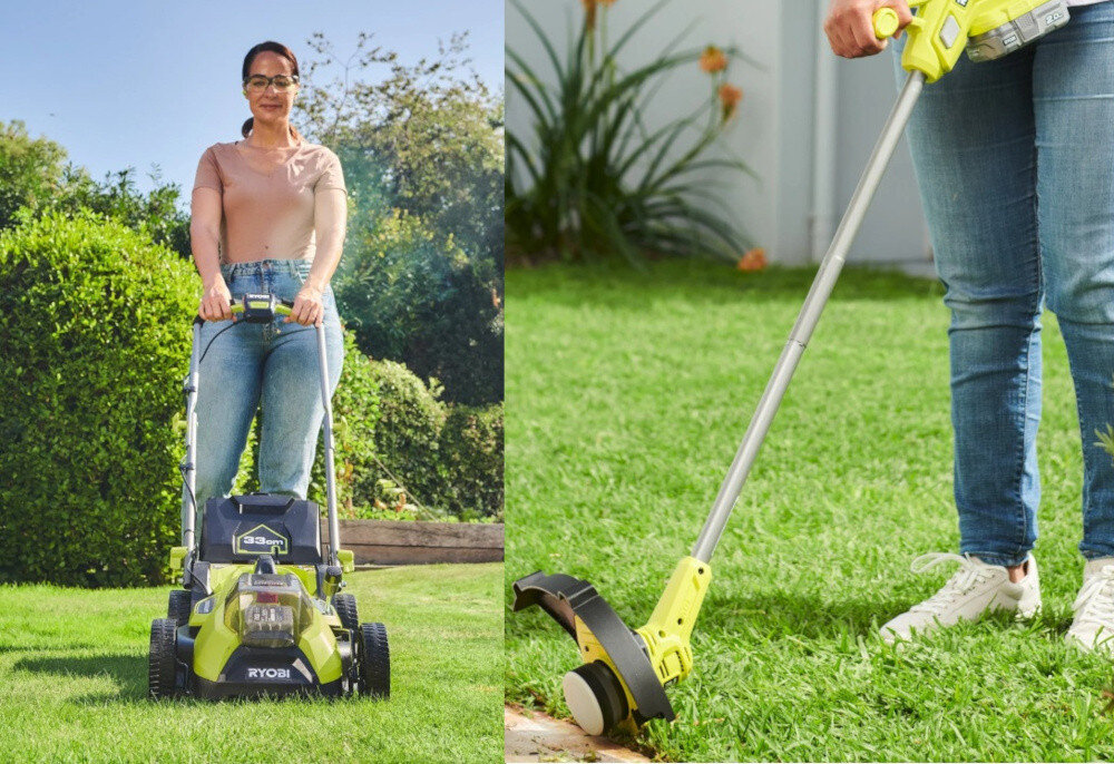 Na obrazie widoczna jest osoba obsługująca akumulatorową kosiarkę RYOBI na trawniku oraz fragment podkaszarki trzymanej przez inną osobę. Kosiarka ma widoczne logo \'RYOBI\' i napis \'33 cm\', a podkaszarka jest w kolorze żółtym.