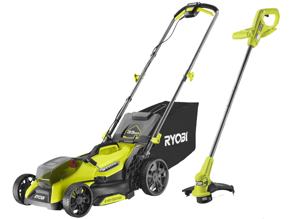 Na obrazie widoczna jest akumulatorowa kosiarka i podkaszarka w kolorze zielonym z czarnymi elementami. Na kosiarce znajduje się napis \'RYOBI\' oraz oznaczenie \'33cm\'.